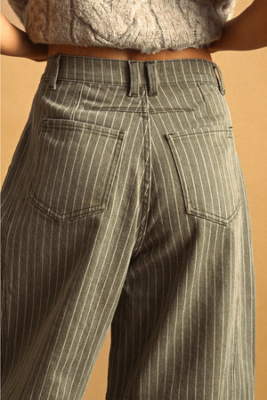 PINSTRIPED PATTERN BARREL PANTS- Olive