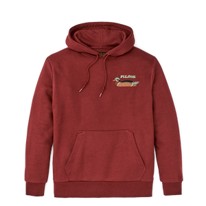 Front of the Filson hoodie which features another type of duck under the Filson embroidered name on the top left side. Hoodie had a drawstring hood and kangaroo pocket