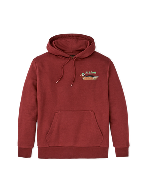 Front of the Filson hoodie which features another type of duck under the Filson embroidered name on the top left side. Hoodie had a drawstring hood and kangaroo pocket