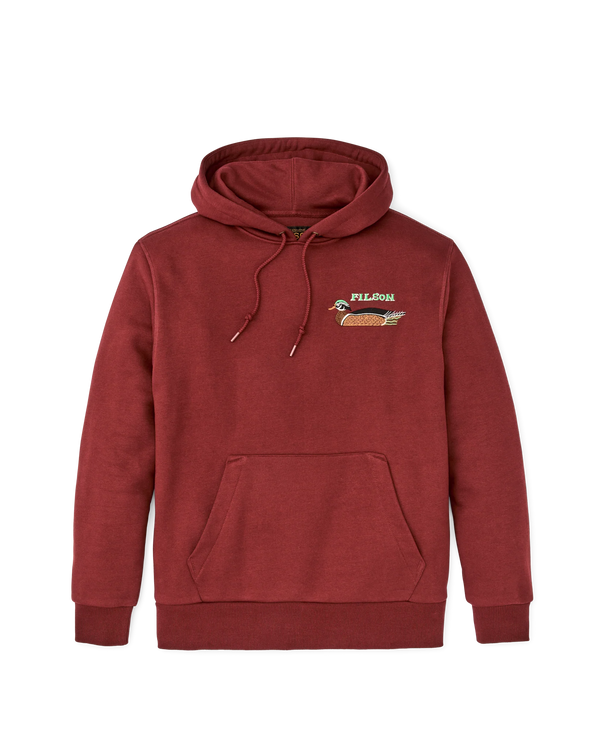 Front of the Filson hoodie which features another type of duck under the Filson embroidered name on the top left side. Hoodie had a drawstring hood and kangaroo pocket