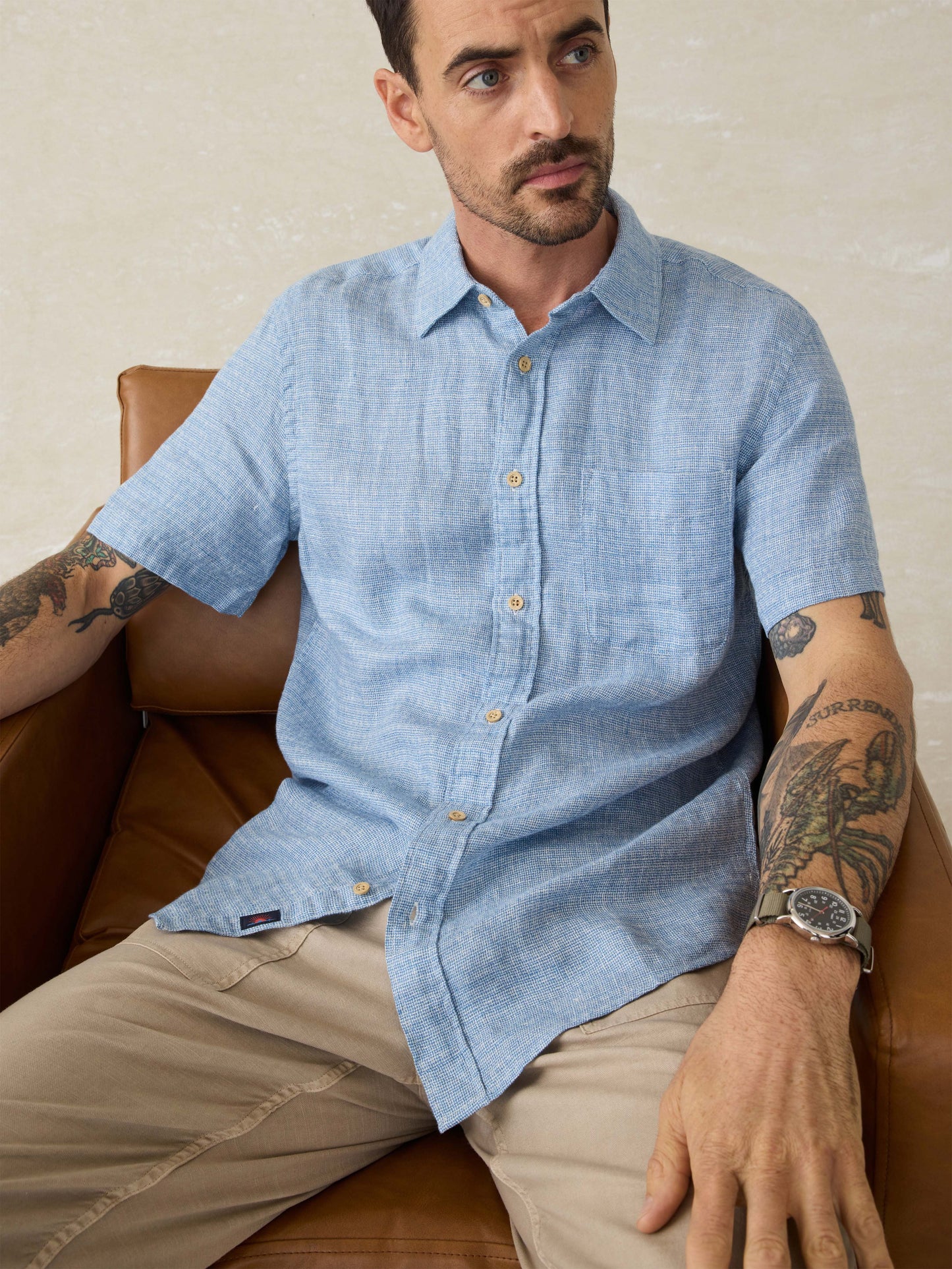 Linen Palma Linen Shirt - Blue Basketweave