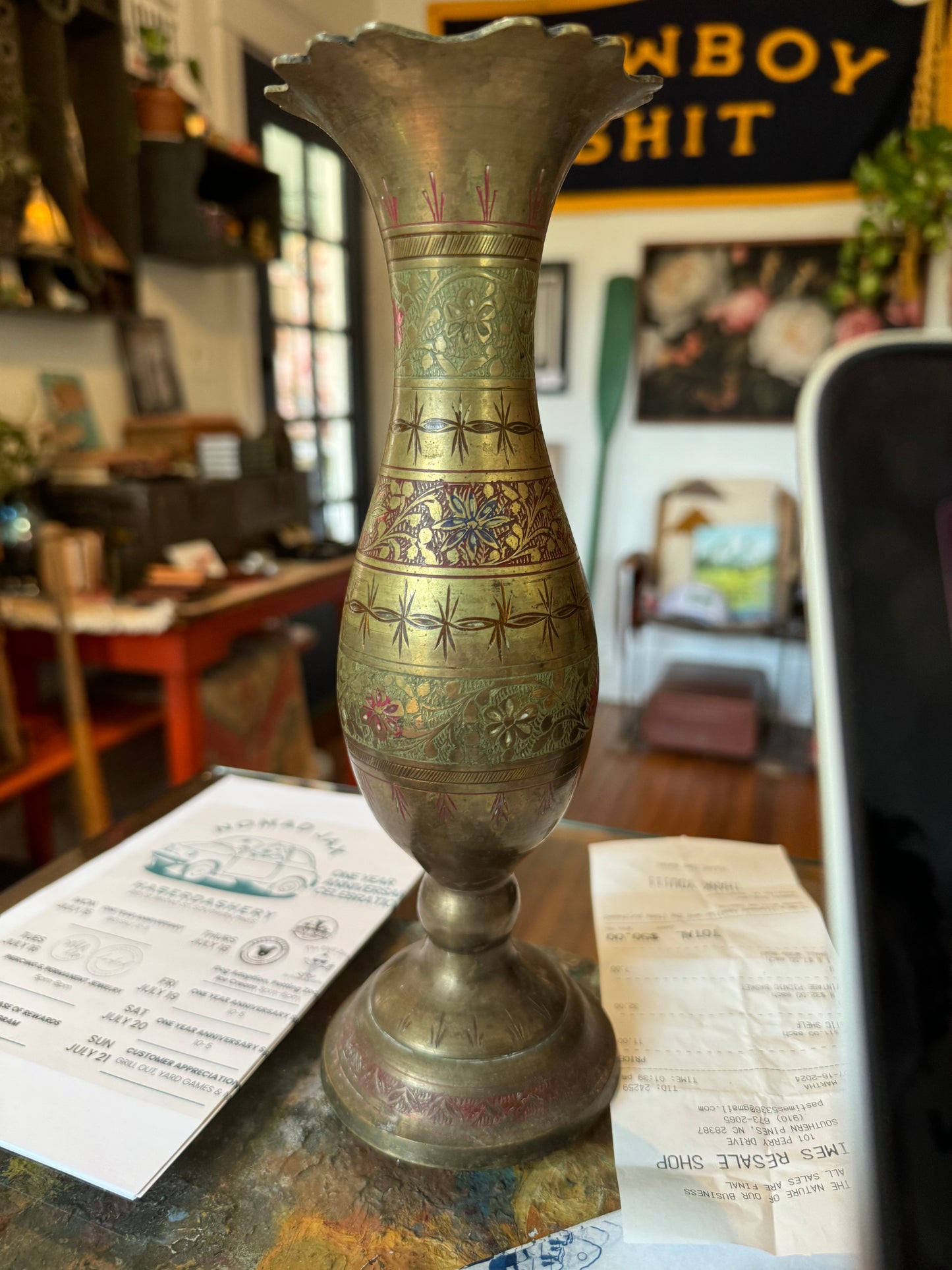 Vintage Indian Painted Brass Candlestick Holders and Vass Set