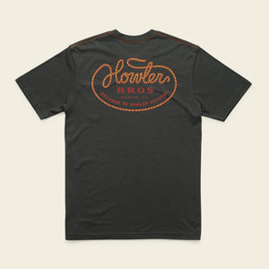 Black t-shirt with yellow and red rope text on the back against white background austin tx