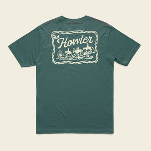 Western scene with horses cowboy rope howler on green t-shirt