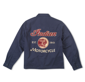 A navy blue long-sleeve work jacket shown from the back, featuring a large graphic print with 'Indian Motorcycle' in red and cream lettering, and a circular Native American head emblem in the center.