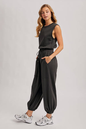 Drawstring Waist Knit Activewear Jumpsuit - Ash
