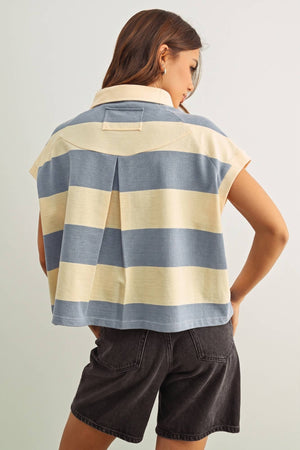 Wide Stripe Rugby Polo - Beige/Blue