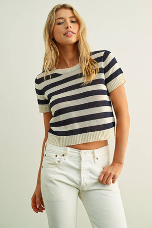 Striped Knit Short Sleeve- Navy
