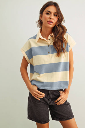 Wide Stripe Rugby Polo - Beige/Blue
