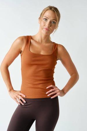 Square Neck Ribbed Tank Top - Golden Hour