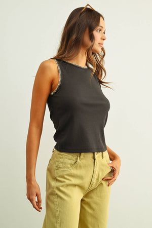 Mini Ribbed Knit Tank Top with Stitch Detail - Charcoal