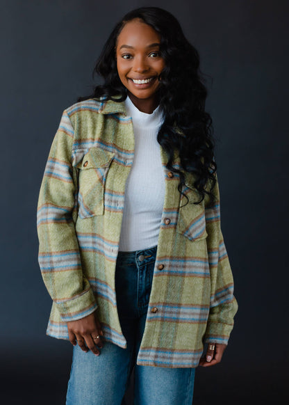 Jazmine Plaid Jacket -Green, Camel & Turquoise