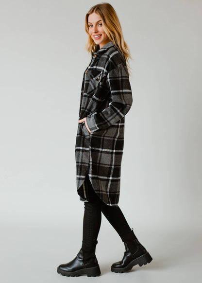 Kinsley Plaid Long Flannel - Grey, Black & White