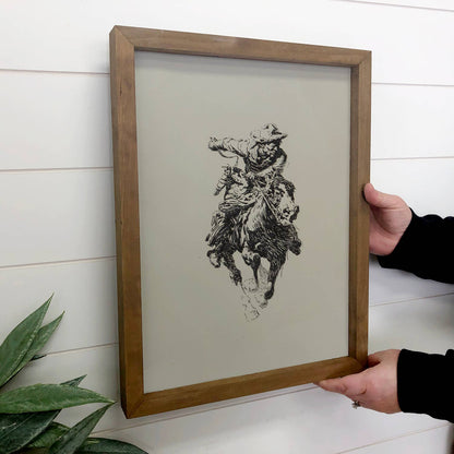 Galloping Cowboy Wood Framed Canvas Art