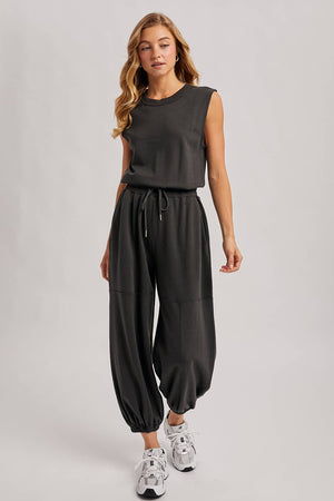 Drawstring Waist Knit Activewear Jumpsuit - Ash