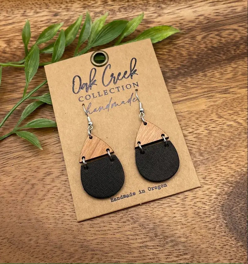 Leather/Wood Split Teardrop Earring 1 1/4" - 2 Colors: Black Suede Leopard Leather w/Hypoallergenic Ear Hook