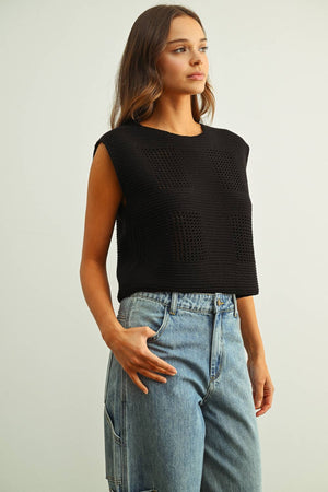 Round Neck Crochet Crop Top - Black