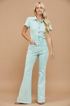 Western Acid Washed Bootcut Denim Jumpsuit : Aqua