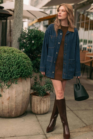 Striped Indigo Barn Jacket w/ Corduroy Collar - Indigo Denim