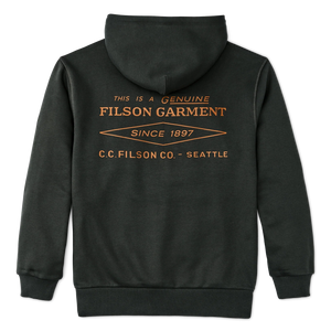 Black hoodie with Filson garment branding on the back against a white background
