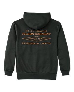 Black hoodie with Filson garment branding on the back against a white background