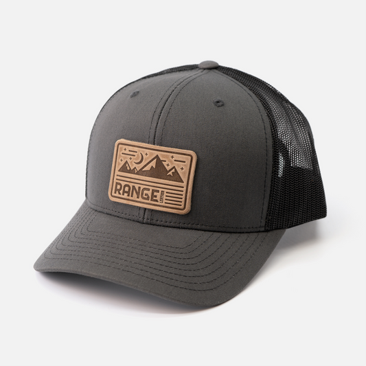 Retro Mountain Hat | Leather Patch Trucker Hat: Charcoal