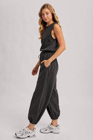 Drawstring Waist Knit Activewear Jumpsuit - Ash