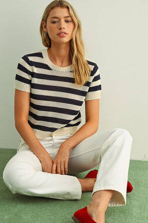 Striped Knit Short Sleeve- Navy