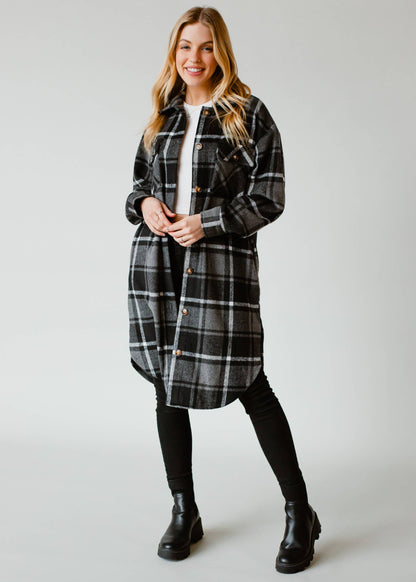 Kinsley Plaid Long Flannel - Grey, Black & White