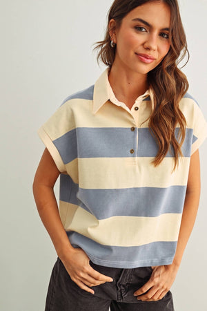 Wide Stripe Rugby Polo - Beige/Blue
