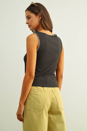 Mini Ribbed Knit Tank Top with Stitch Detail - Charcoal
