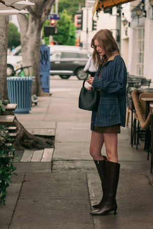 Striped Indigo Barn Jacket w/ Corduroy Collar - Indigo Denim
