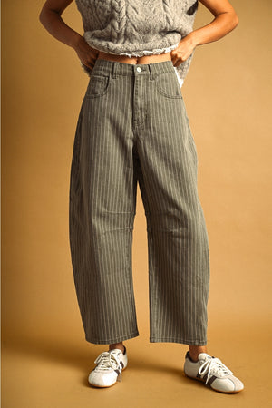 PINSTRIPED PATTERN BARREL PANTS- Olive