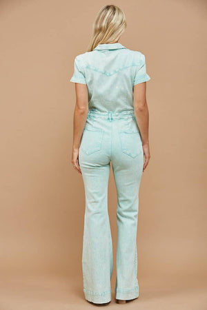 Western Acid Washed Bootcut Denim Jumpsuit : Aqua