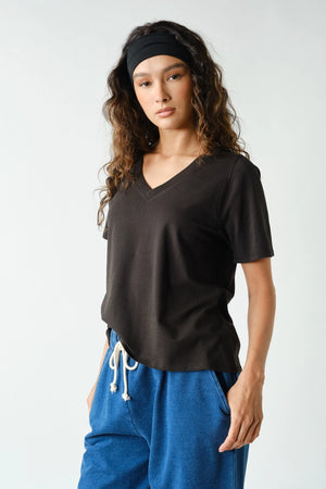 Pima Cotton Blend V-Neck Tee : Black