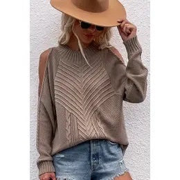 Cable Cold Shoulder Sweater- Taupe