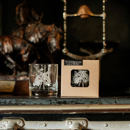 Western Etched Whiskey Glass - Bronc