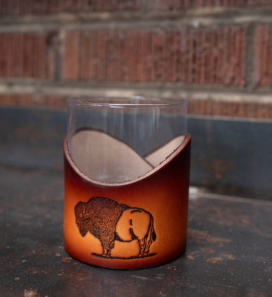 Leather Rocks Glass - Light Stain Handmade Barware: Buffalo