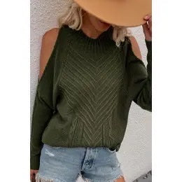 Cable Cold Shoulder Sweater- Olive Green