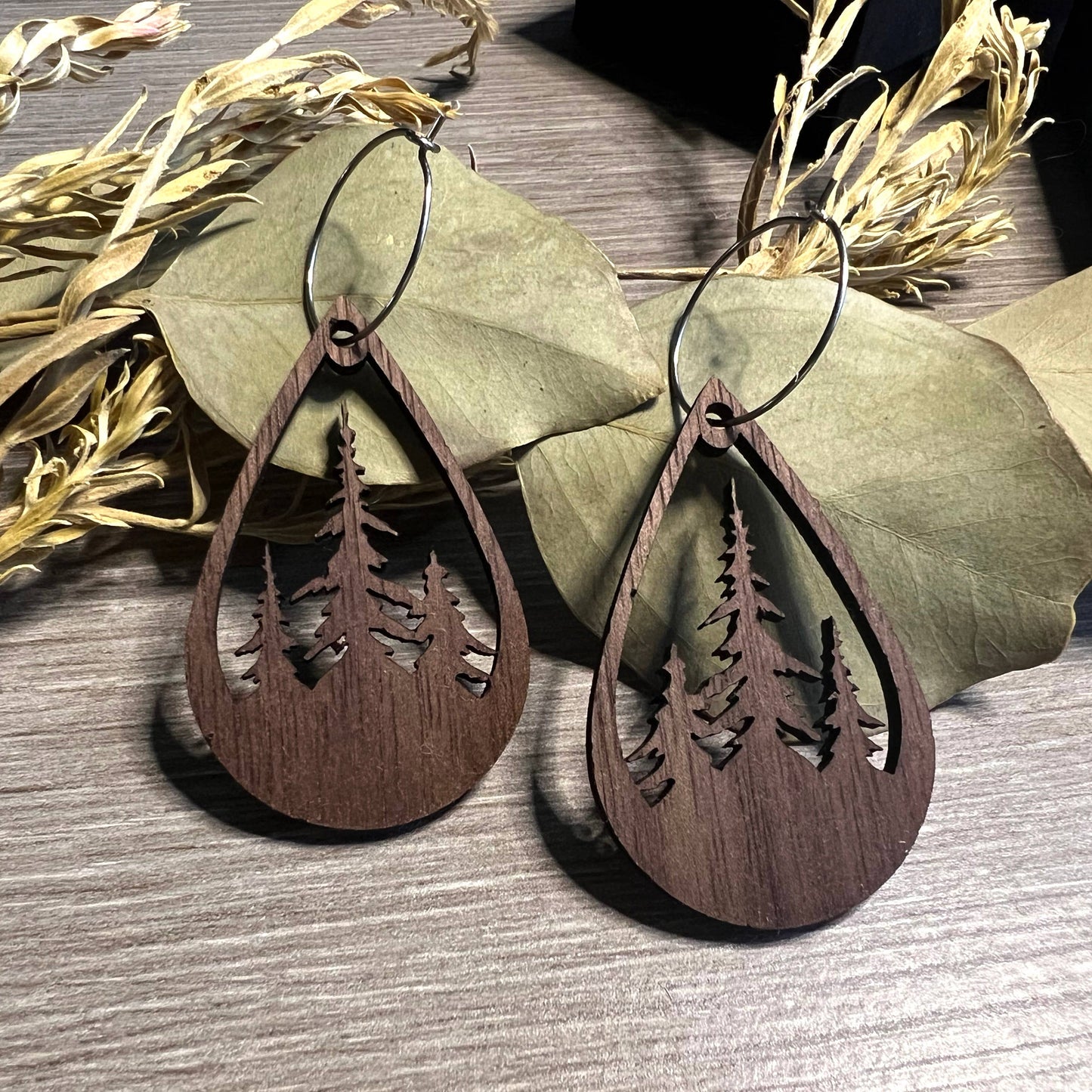 Wood Earrings - Pine Silhouette Drops: Walnut