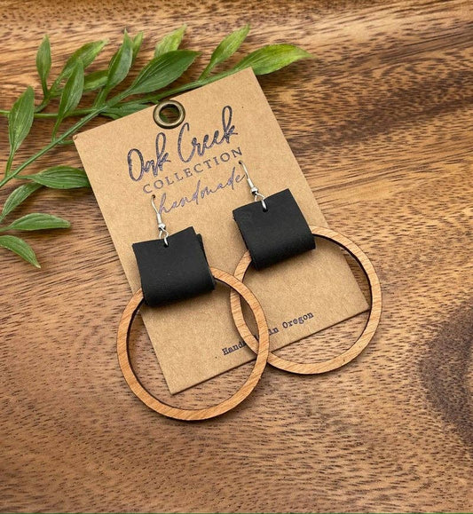 Wood Hoop w/Black Leather Strap Earring 2"